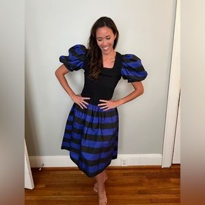 Vintage 80s 90s Taffeta Stripped Dropped Waist Gown Puff Sleeve Party Prom Dress